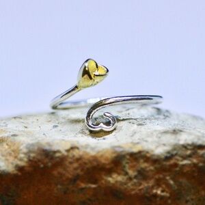 Adjustable Size Two Tone Heart Rose Flower Ring Sterling Silver 925